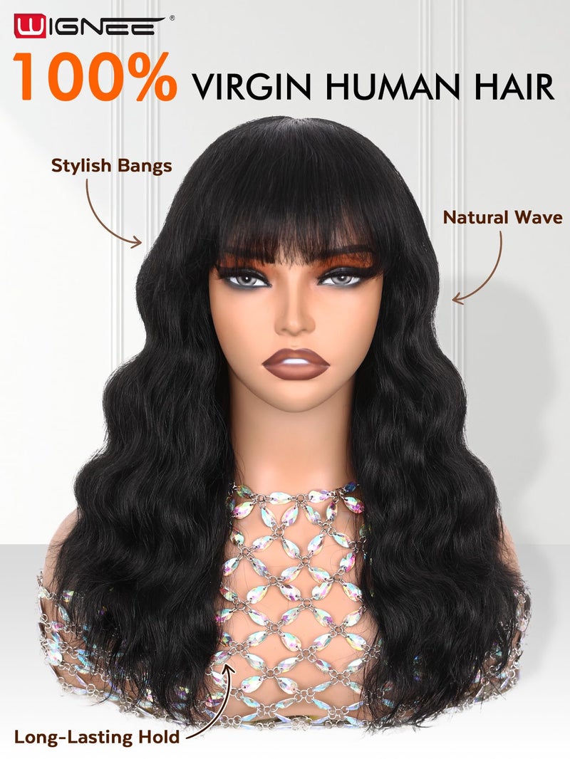WIGNEE 100% Virgin Human Hair Natural Wave Wigs with Bangs Brazilian Human Hair Wave Wigs Natural Black Color (16 Inch) - Image 2